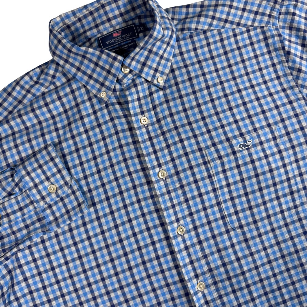 Vineyard Vines Tucker Button Down Shirt Mens XL Blue Gray Gingham Plaid Slim Fit